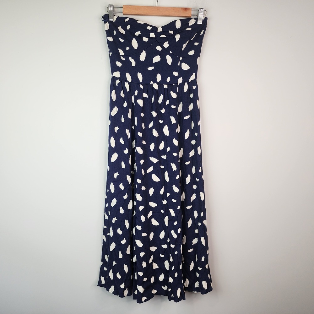 Reformation Aymeline Strapless Midi Dress Women's 2 Navy Blue White Abstract Dot - Picture 2 of 8